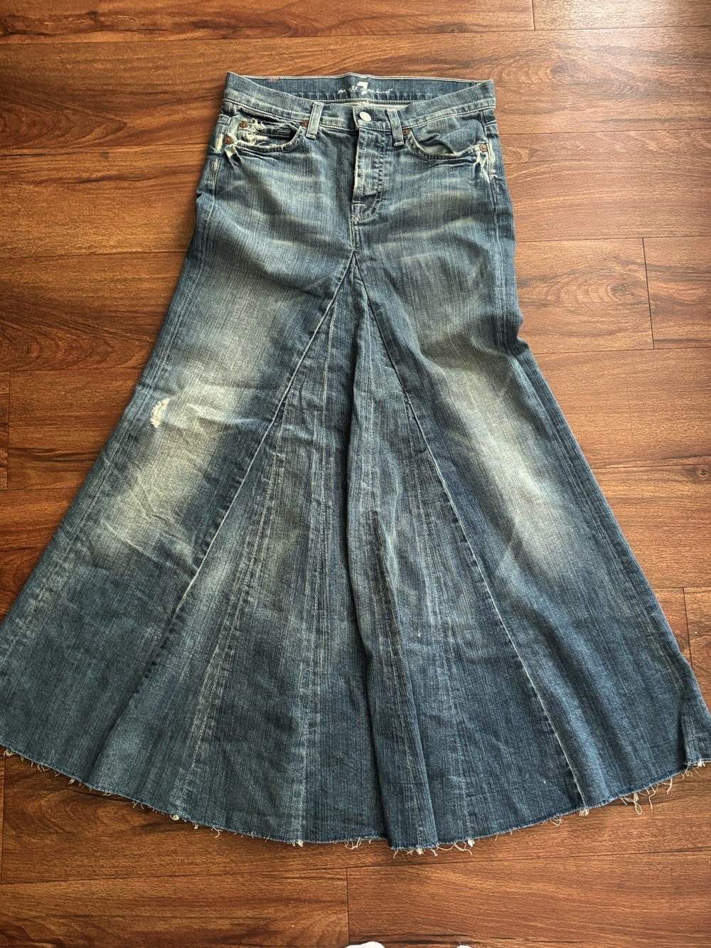 7 For All Mankind Distressed Flared Panel Jeans in Blue Denim